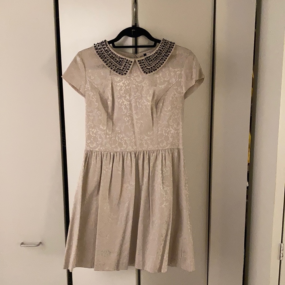 Kensie Ivory Brocade Dress w/ Jewel Beaded Collar